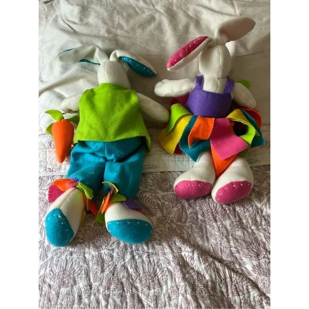 Vintage 70’s 80s Boy & Girl Stuffed Easter Bunny Dolls Handmade Felt Clothing